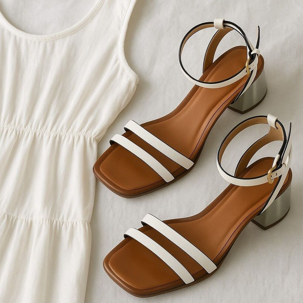 Franco Sarto Karsonelle Leather Sandals 8.5M Block Heel White Strap Summer Chic